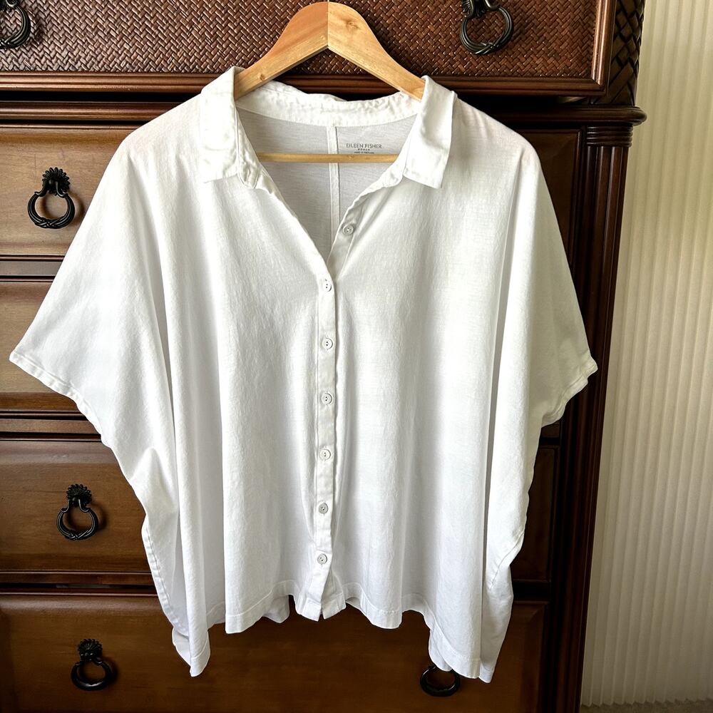 Eileen Fisher White Organic Cotton Poplin Boxy button Up Minimalist Top Size 2X